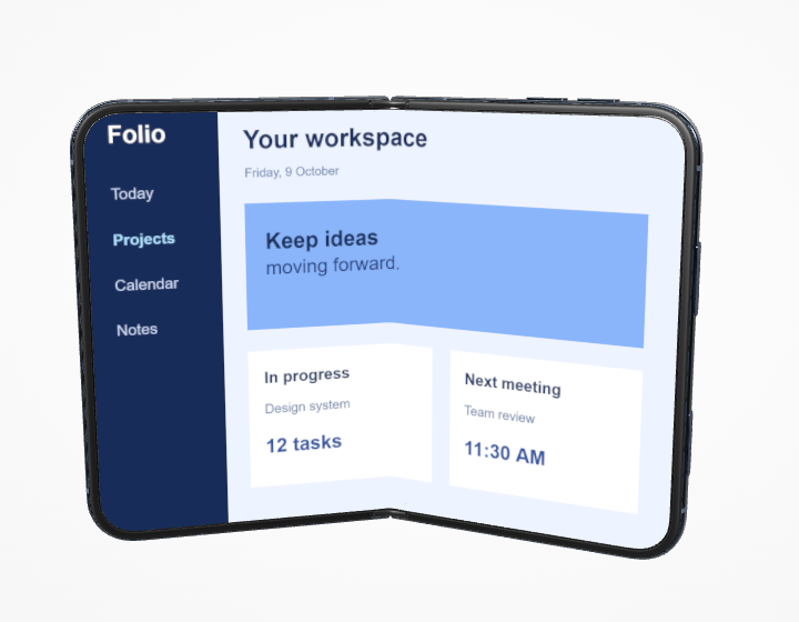 Foldable iPhone Duo 3D mockup partly open with a blue productivity app across the inner display